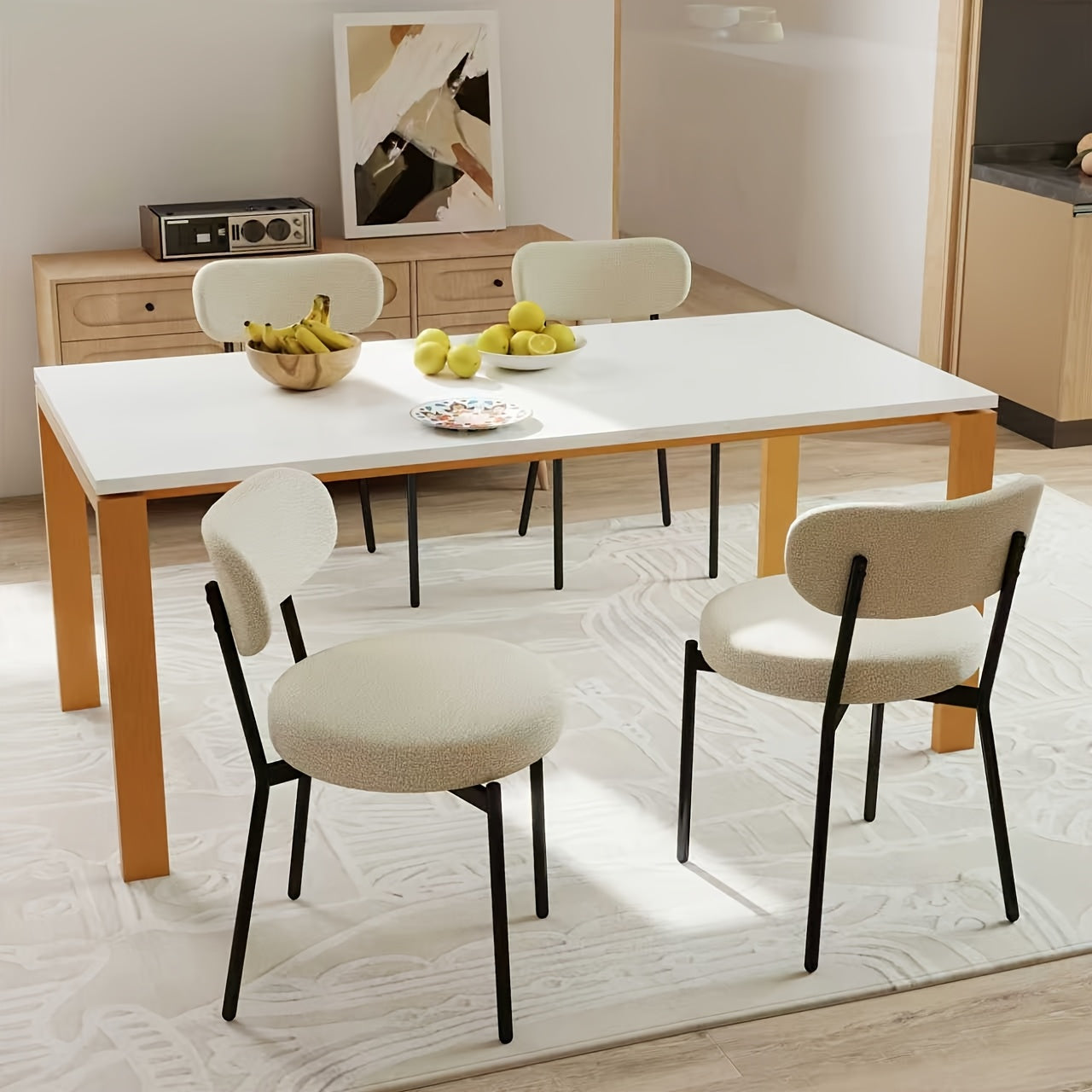 Set Of 2\u002F4\u002F6 Boucle Mid-Century Modern Dining Chairs, Armless Minimalist Design, Sturdy Steel Frame With Round Seat And Upholstered Back, Ideal For Dining Room Or Kitchen Table