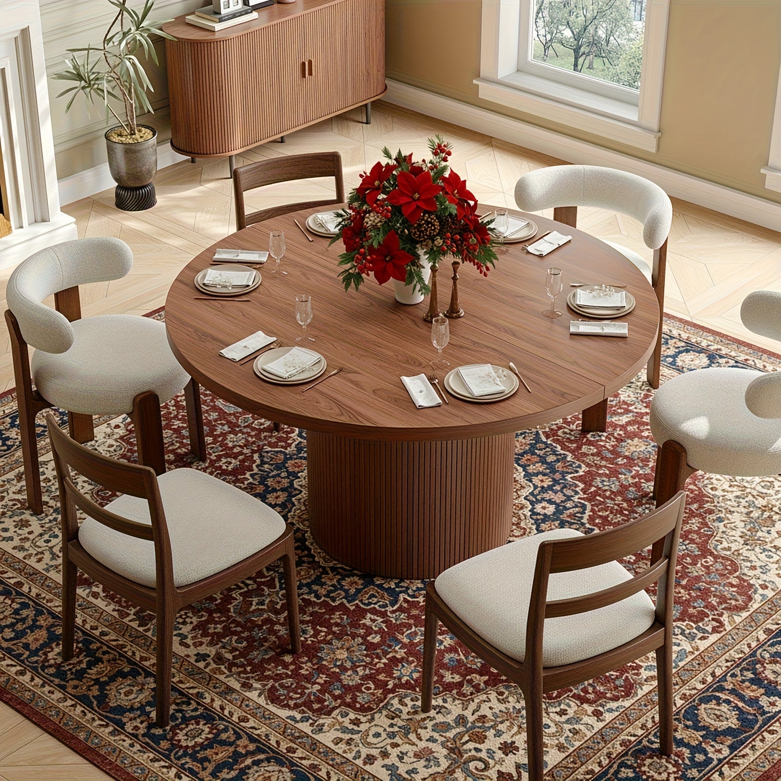 A 47-Inch Circular Dining Table Suitable for Four People, Featuring a Wooden Strip Base, Ideal for Modern Farmhouse-Style Dining in The Kitchen Or Living Room, Available in Walnut And Black