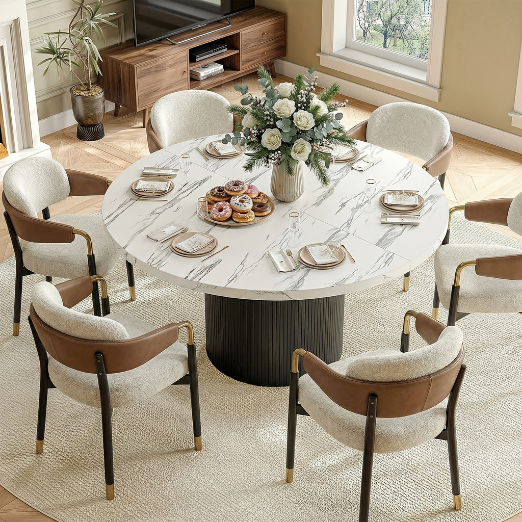 A 47-Inch Circular Dining Table Suitable for Four People, Featuring a Wooden Strip Base, Ideal for Modern Farmhouse-Style Dining in The Kitchen Or Living Room, Available in Walnut And Black