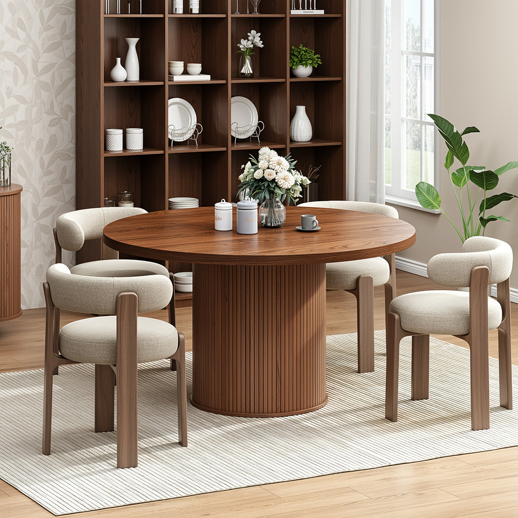 A 47-Inch Circular Dining Table Suitable for Four People, Featuring a Wooden Strip Base, Ideal for Modern Farmhouse-Style Dining in The Kitchen Or Living Room, Available in Walnut And Black