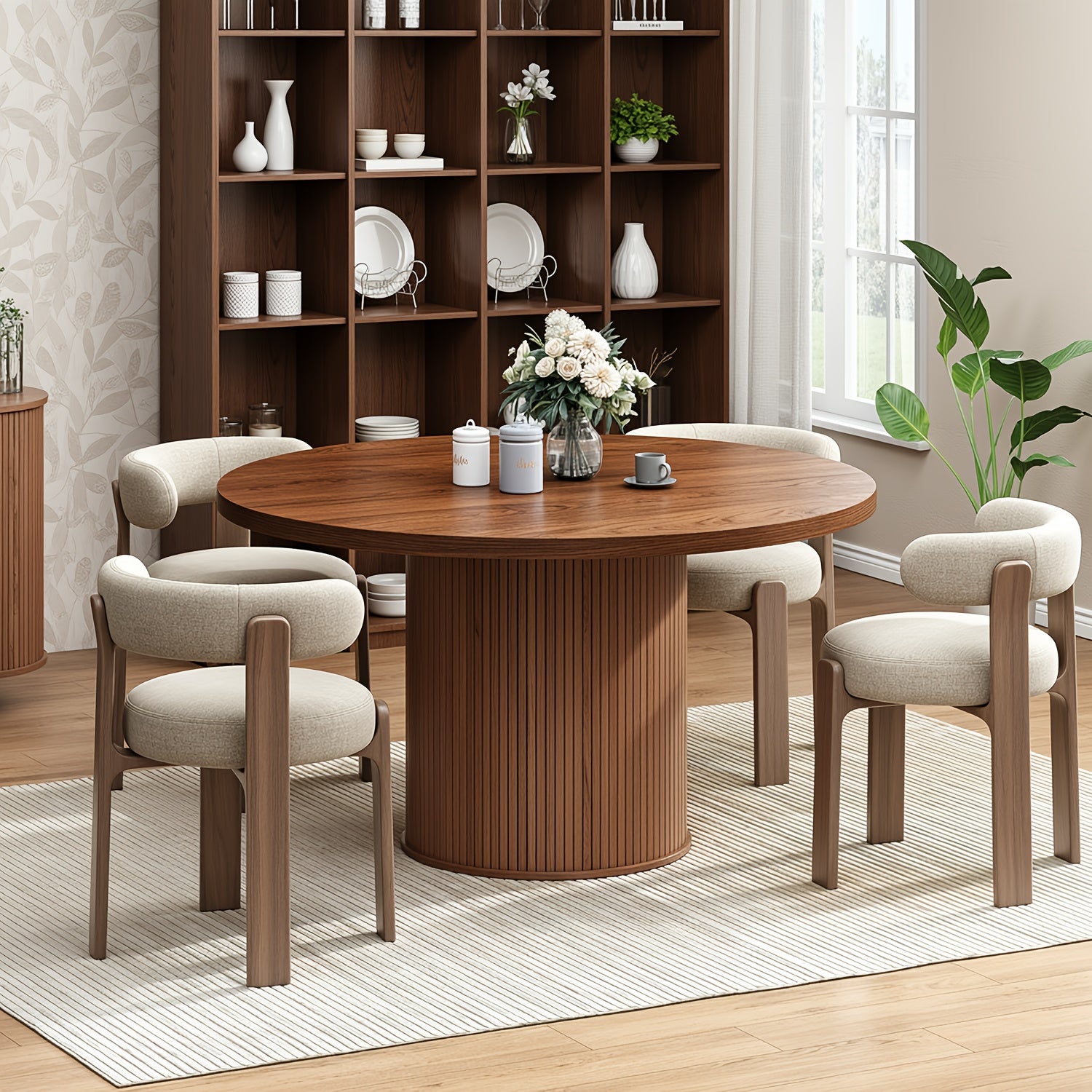 A 47-Inch Circular Dining Table Suitable for Four People, Featuring a Wooden Strip Base, Ideal for Modern Farmhouse-Style Dining in The Kitchen Or Living Room, Available in Walnut And Black