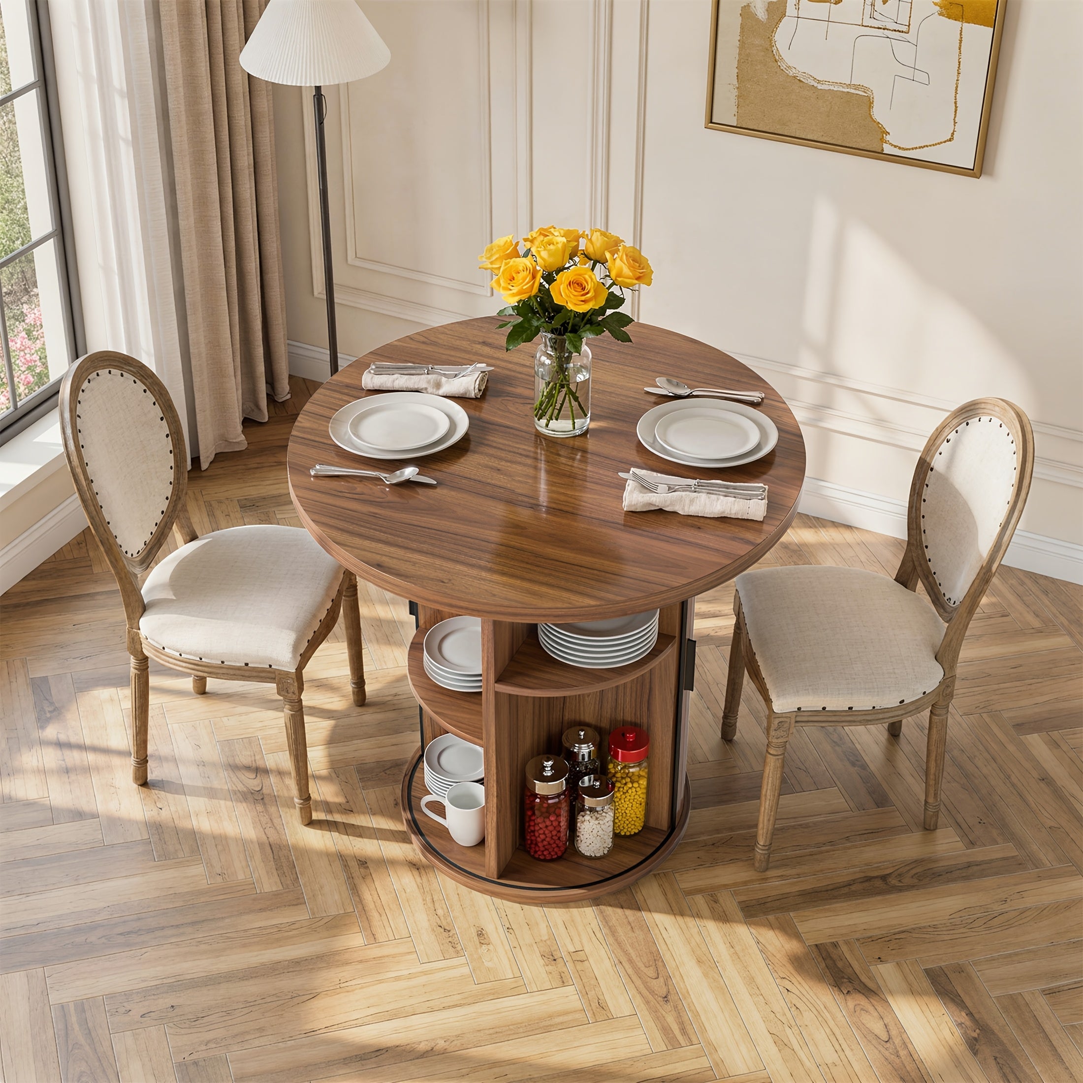 31.5-Inch Circular Dining Table, Wooden Kitchen Table Featuring a Two-Tier Storage Shelf And a Wooden Sliding Door, Suitable for Home Dining Rooms And Living Rooms, Accommodating 2 to 4 People