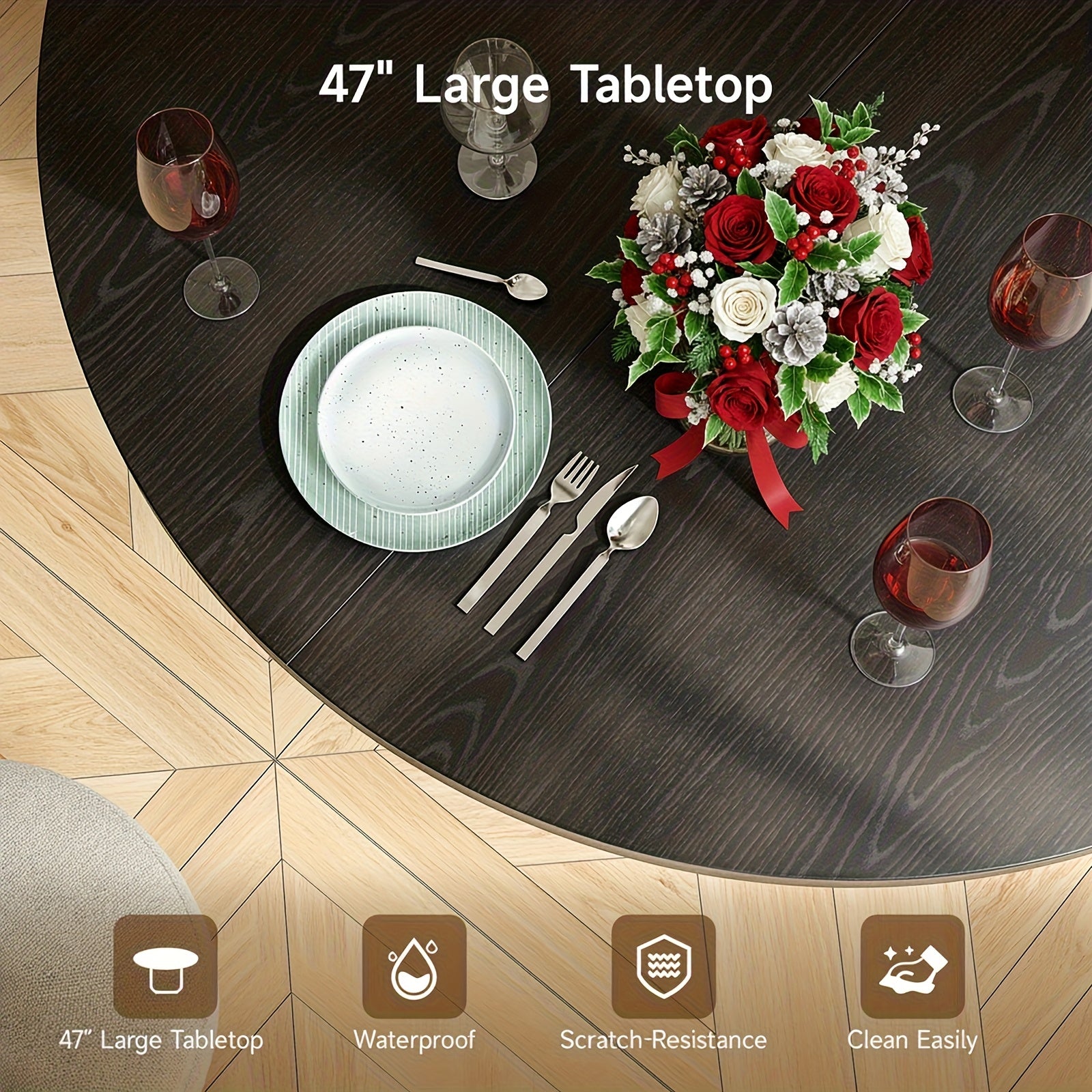 A 47-Inch Circular Dining Table Suitable for Four People, Featuring a Wooden Strip Base, Ideal for Modern Farmhouse-Style Dining in The Kitchen Or Living Room, Available in Walnut And Black