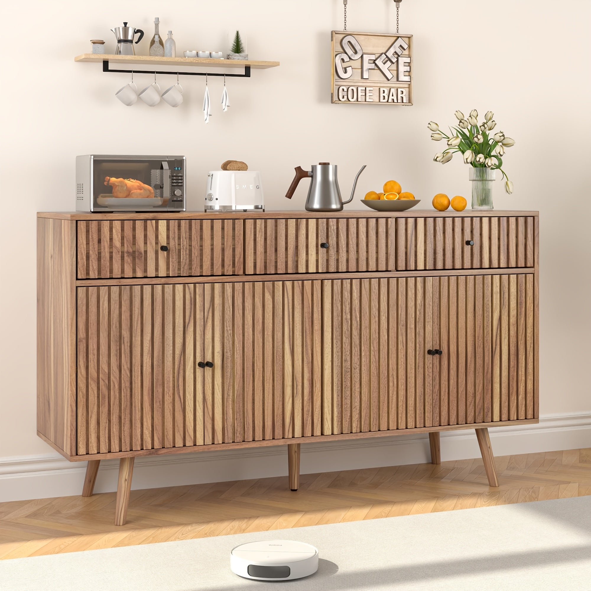 Modern Farmhouse Buffet Sideboard with Storage | 3 Drawers, 4 Doors, Shelf in Birch Wood End for Kitchen, Dining Room, Living Room, Entryway - JEJEGORICH