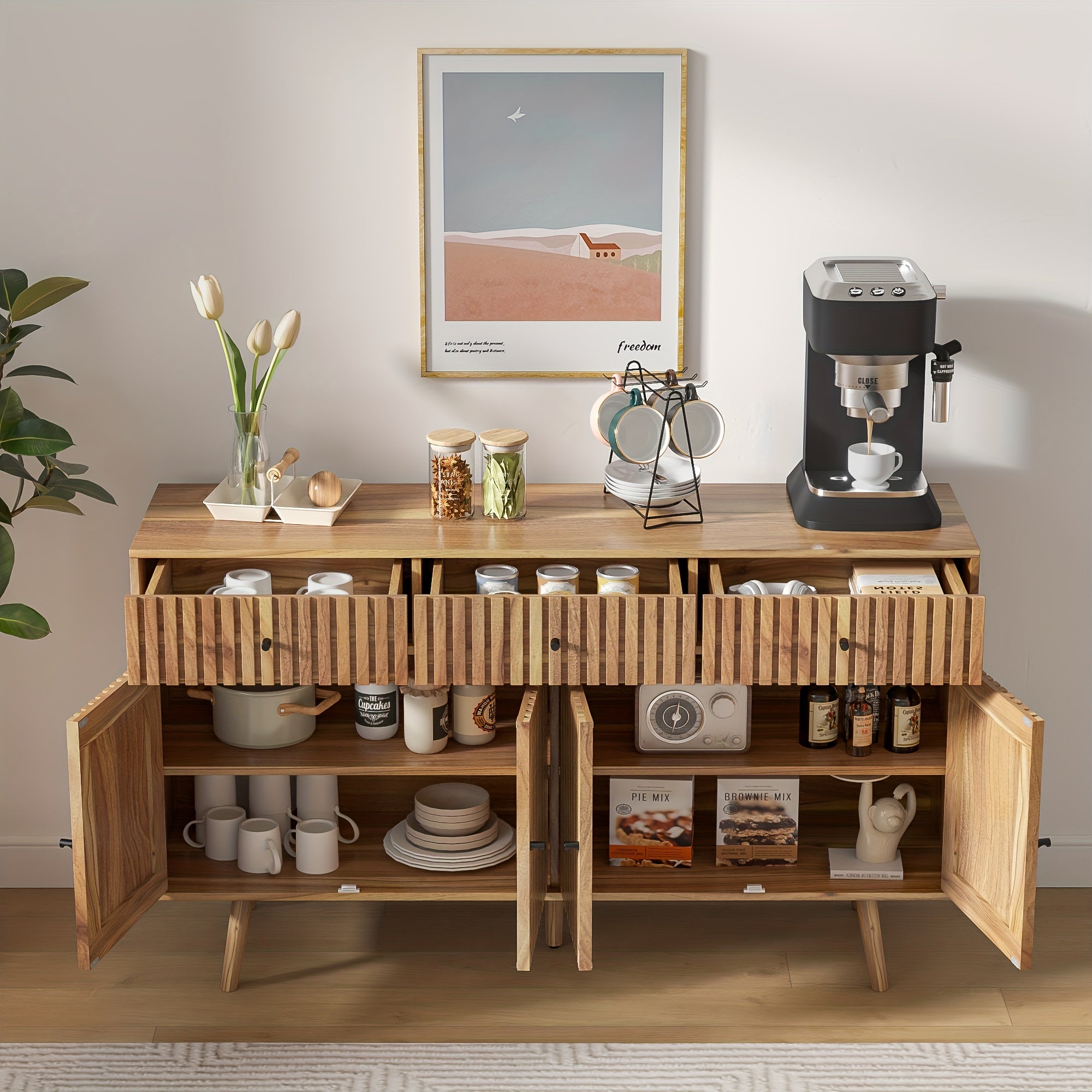 JEJEGORICH Buffet Sideboard Cabinet, Modern Farmhouse Coffee Bar with 3 Drawers 4 Doors And Shelf for Kitchen, Dining Room, Living Room, Entryway