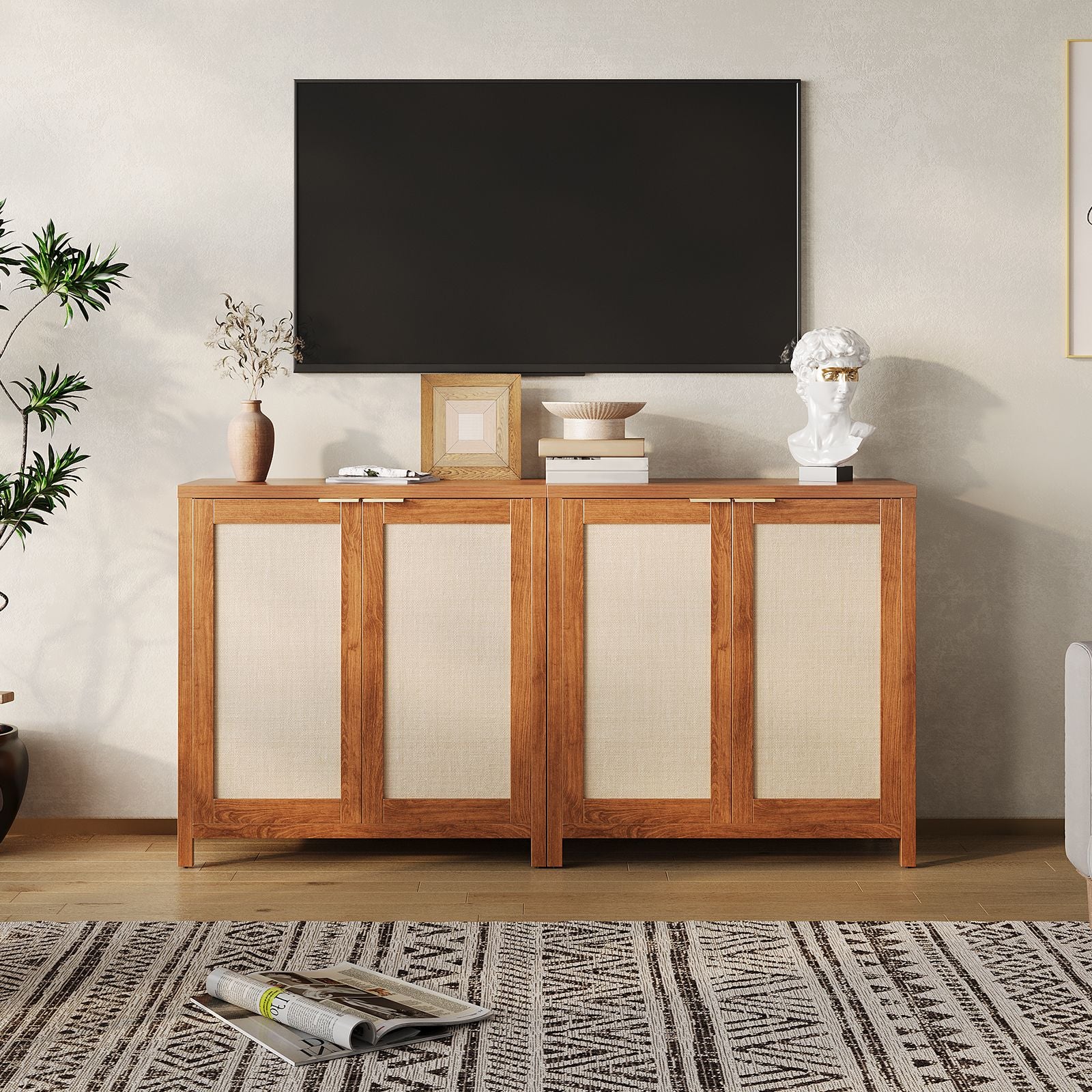 Modern Dark Oak Rattan Storage Cabinet with Adjustable Shelves & Doors - Heavy-Duty Metal Frame, Contemporary Buffet Table with 2 Doors, Spacious Storage Cabinet for Living Room, Dining Room, Entryway - Space-Saving Furniture with Open & Closed Stor