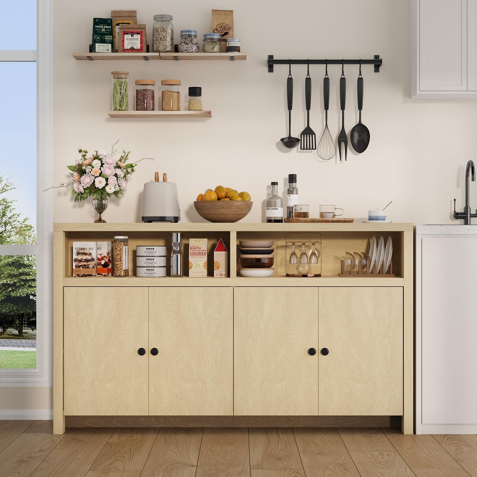 55-inch Large Modern Farmhouse Buffet Cabinet with 4 Doors & Adjustable Shelves - Spacious Suitable for Kitchen, Dining Room Storage, Coffee Bar Furniture, Adjustable Shelving for Hallway Decor, Ideal Gift for Home, Christmas Present