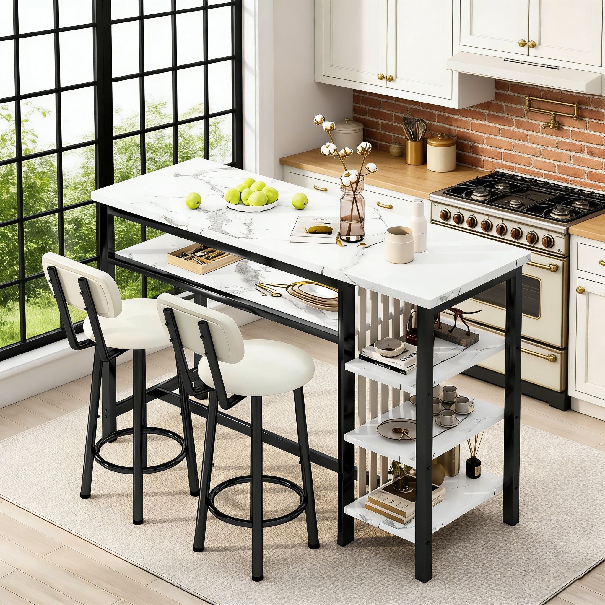 LTTROMAT Dining Bar Table set for 2, 3-Piece Kitchen Table Set with Storage Shelves, Faux Marble Table with MDF Broad & Metal Frame, Easy Clean, Space-Saving Bar Table set for Dining Room, Kitchen, 47.24\