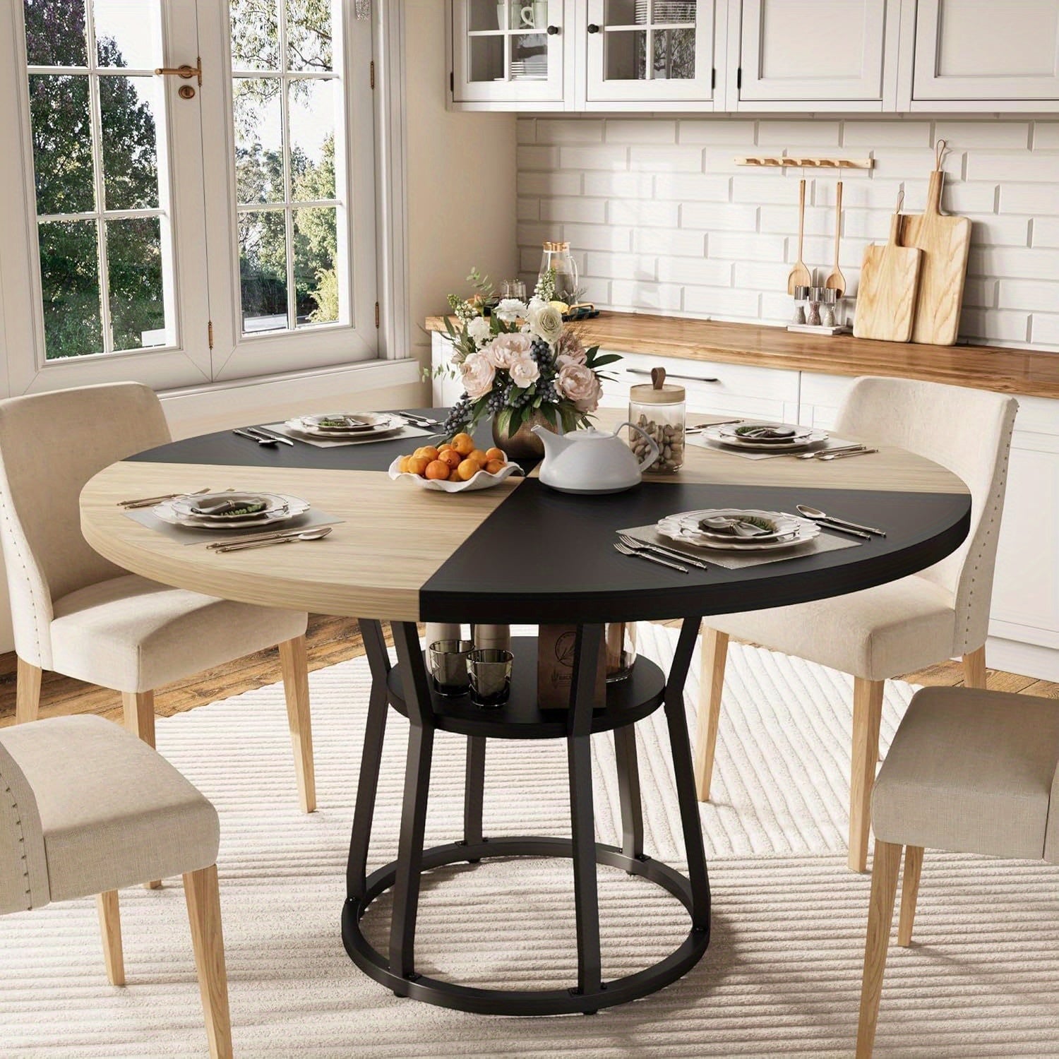 47. 2-inch Round Dining Table For 4-6 People, Farmhouse Kitchen Table With Open Storage, Easy To Assemble, Suitable For Kitchens, Dining Rooms, Living Rooms, Meeting Rooms, And Apartments(Chairs Not Included)