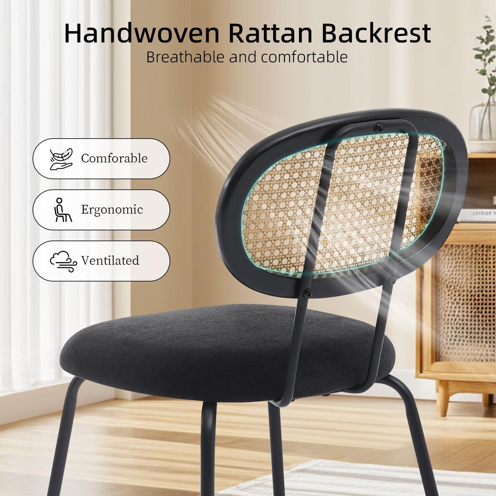 Set of 2 Modern Boho Dining Chairs with Rattan Backrest & Sturdy Metal Legs - Soft Black Velvet Accent Seating, Dining Table, Living Room - Elegant Contemporary Furniture for home or Restaurant, Easy-Clean Design