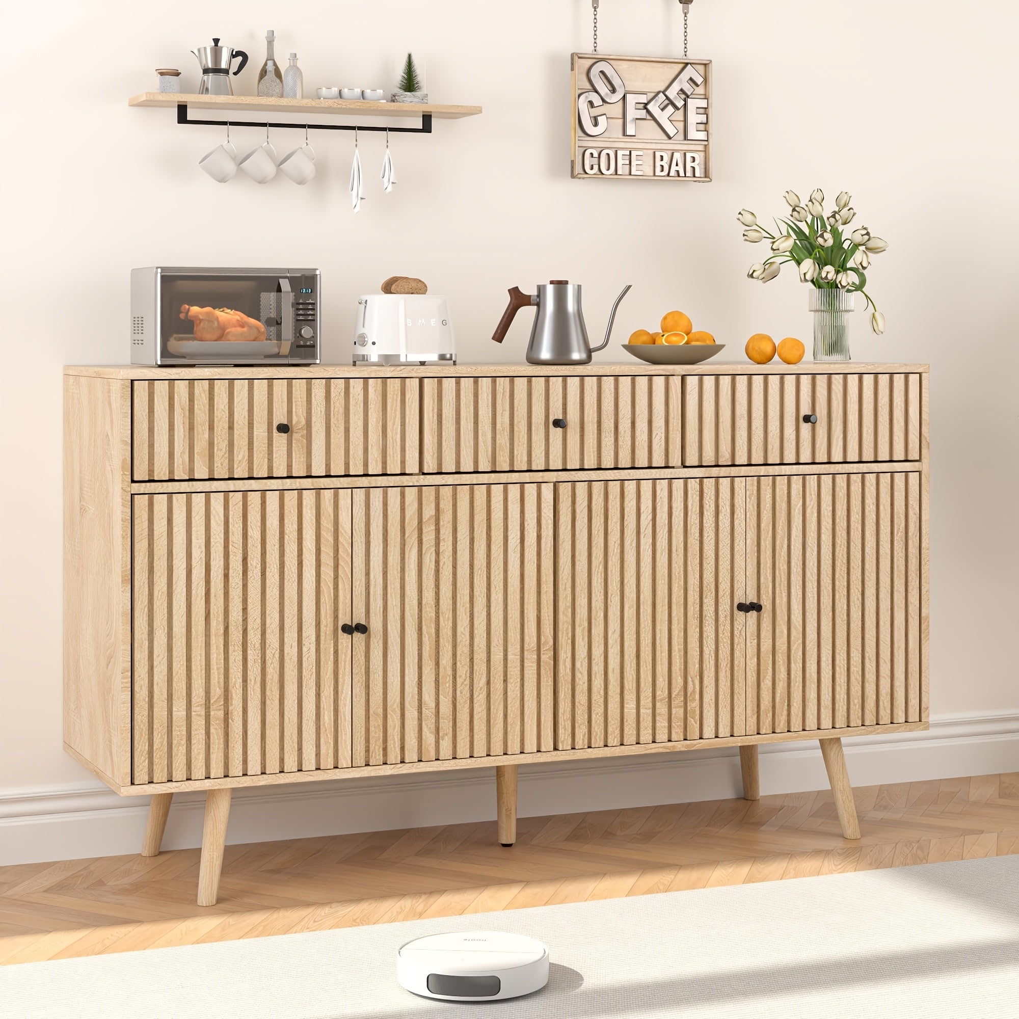 Modern Farmhouse Buffet Sideboard with Storage | 3 Drawers, 4 Doors, Shelf in Birch Wood End for Kitchen, Dining Room, Living Room, Entryway - JEJEGORICH
