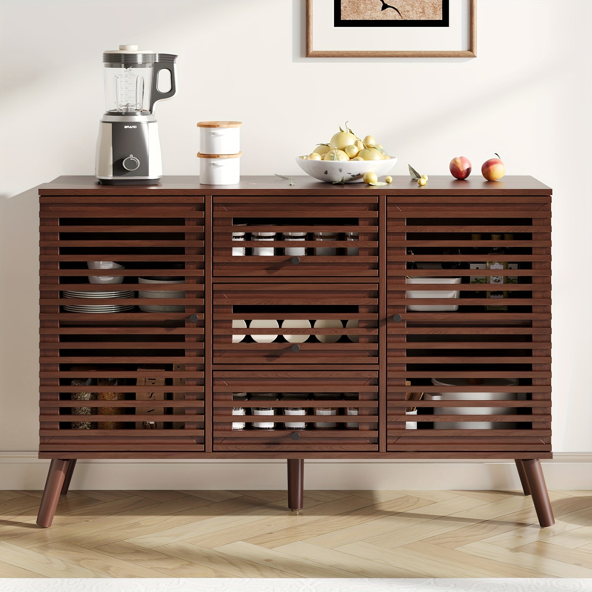 A Sideboard Buffet Featuring Slatted Doors, Measuring 47 Inches Wide, Designed in a Modern Mid-Century Style, Perfect for Storage in The Living Room, Entryway, Or Kitchen, Available in Oak And Walnut Finishes
