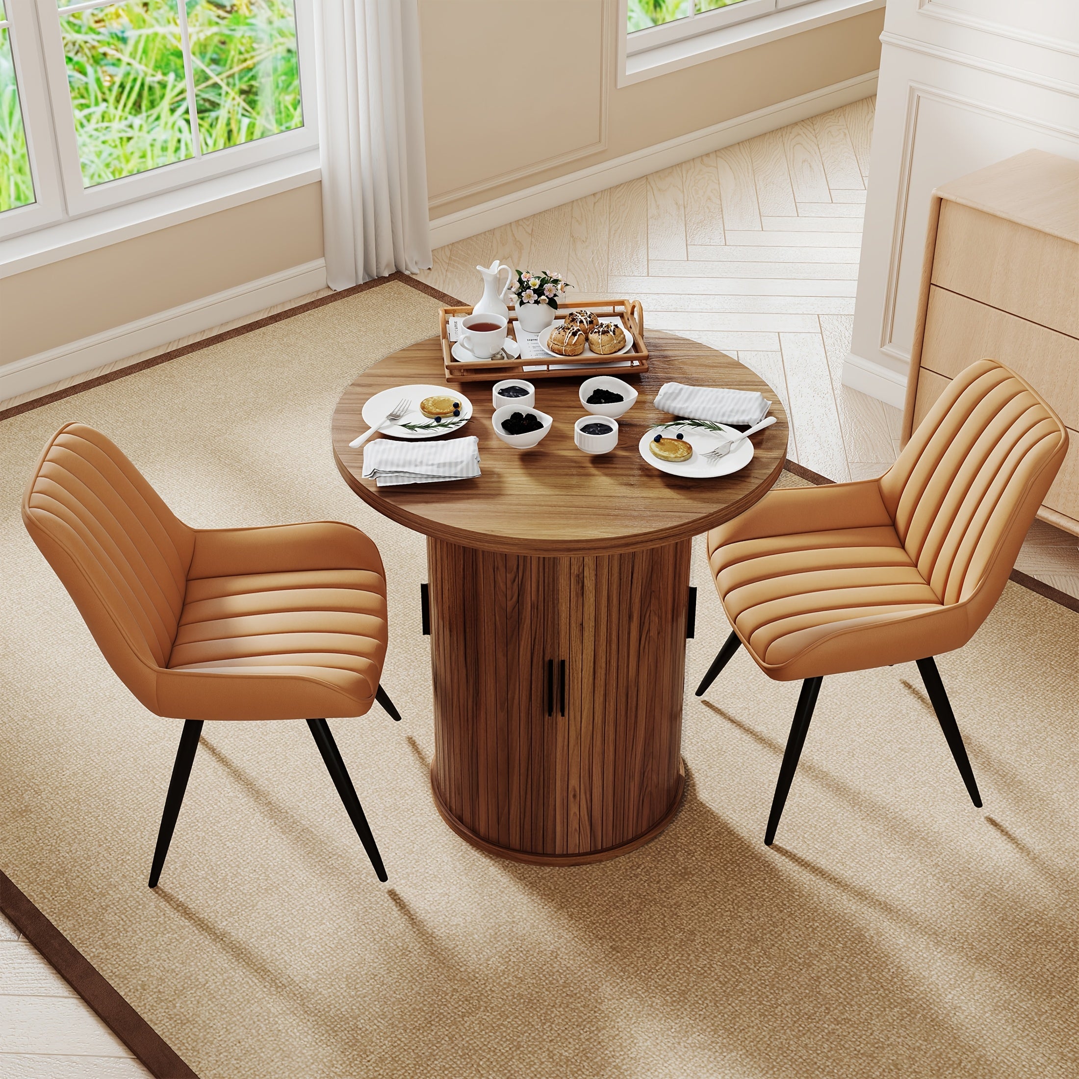 31.5-Inch Circular Dining Table, Wooden Kitchen Table Featuring a Two-Tier Storage Shelf And a Wooden Sliding Door, Suitable for Home Dining Rooms And Living Rooms, Accommodating 2 to 4 People