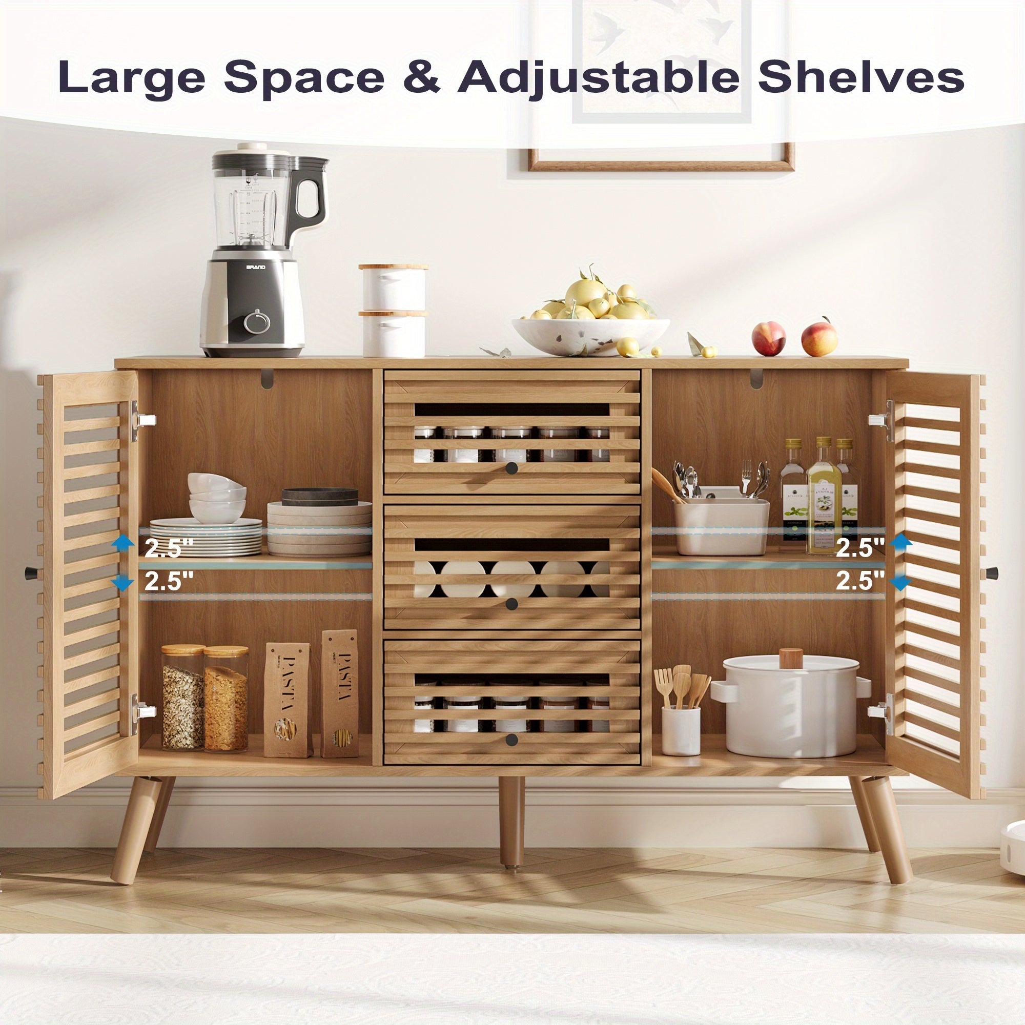 A Sideboard Buffet Featuring Slatted Doors, Measuring 47 Inches Wide, Designed in a Modern Mid-Century Style, Perfect for Storage in The Living Room, Entryway, Or Kitchen, Available in Oak And Walnut Finishes