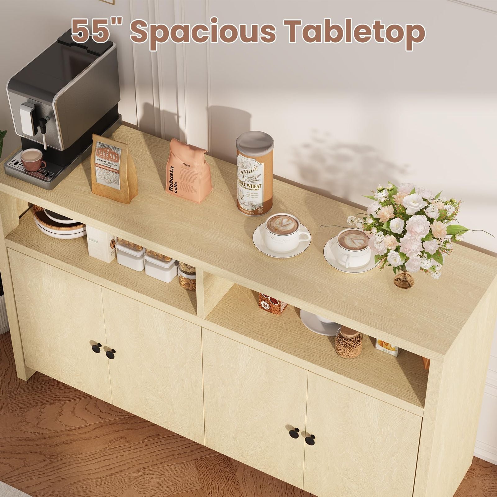 55-inch Large Modern Farmhouse Buffet Cabinet with 4 Doors & Adjustable Shelves - Spacious Suitable for Kitchen, Dining Room Storage, Coffee Bar Furniture, Adjustable Shelving for Hallway Decor, Ideal Gift for Home, Christmas Present