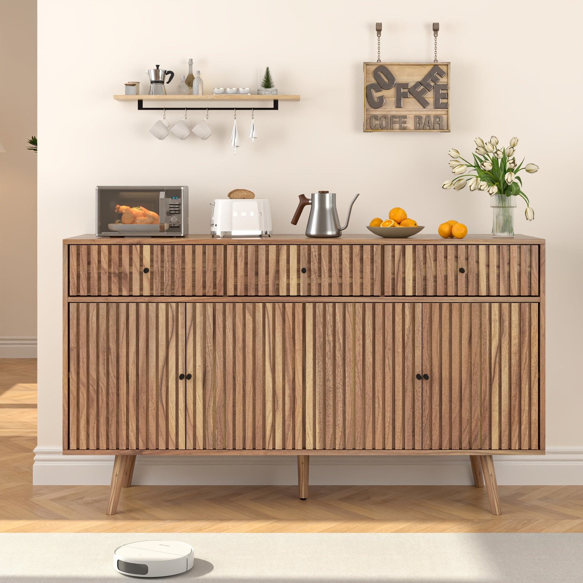 Modern Farmhouse Buffet Sideboard with Storage | 3 Drawers, 4 Doors, Shelf in Birch Wood End for Kitchen, Dining Room, Living Room, Entryway - JEJEGORICH