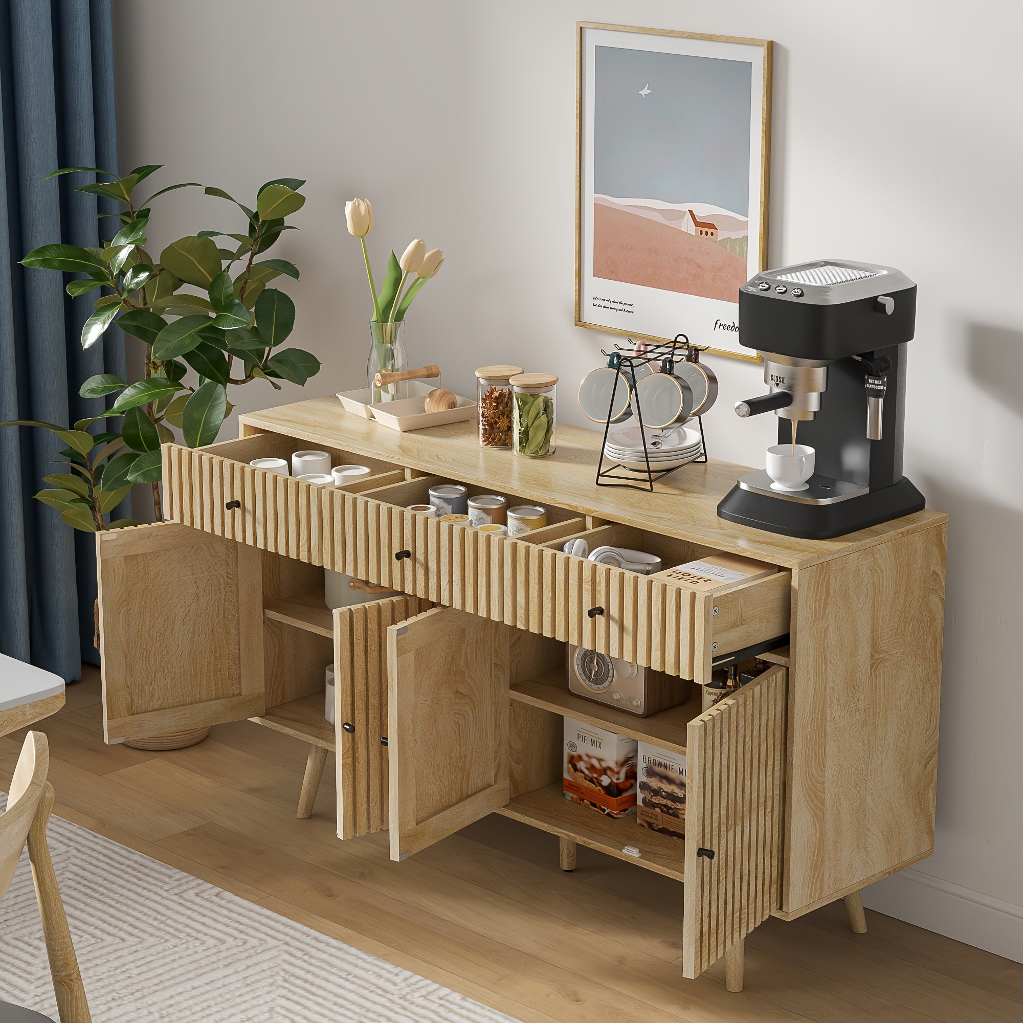 JEJEGORICH Buffet Sideboard Cabinet, Modern Farmhouse Coffee Bar with 3 Drawers 4 Doors And Shelf for Kitchen, Dining Room, Living Room, Entryway