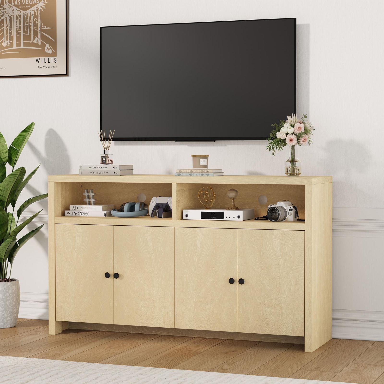 55-inch Large Modern Farmhouse Buffet Cabinet with 4 Doors & Adjustable Shelves - Spacious Suitable for Kitchen, Dining Room Storage, Coffee Bar Furniture, Adjustable Shelving for Hallway Decor, Ideal Gift for Home, Christmas Present