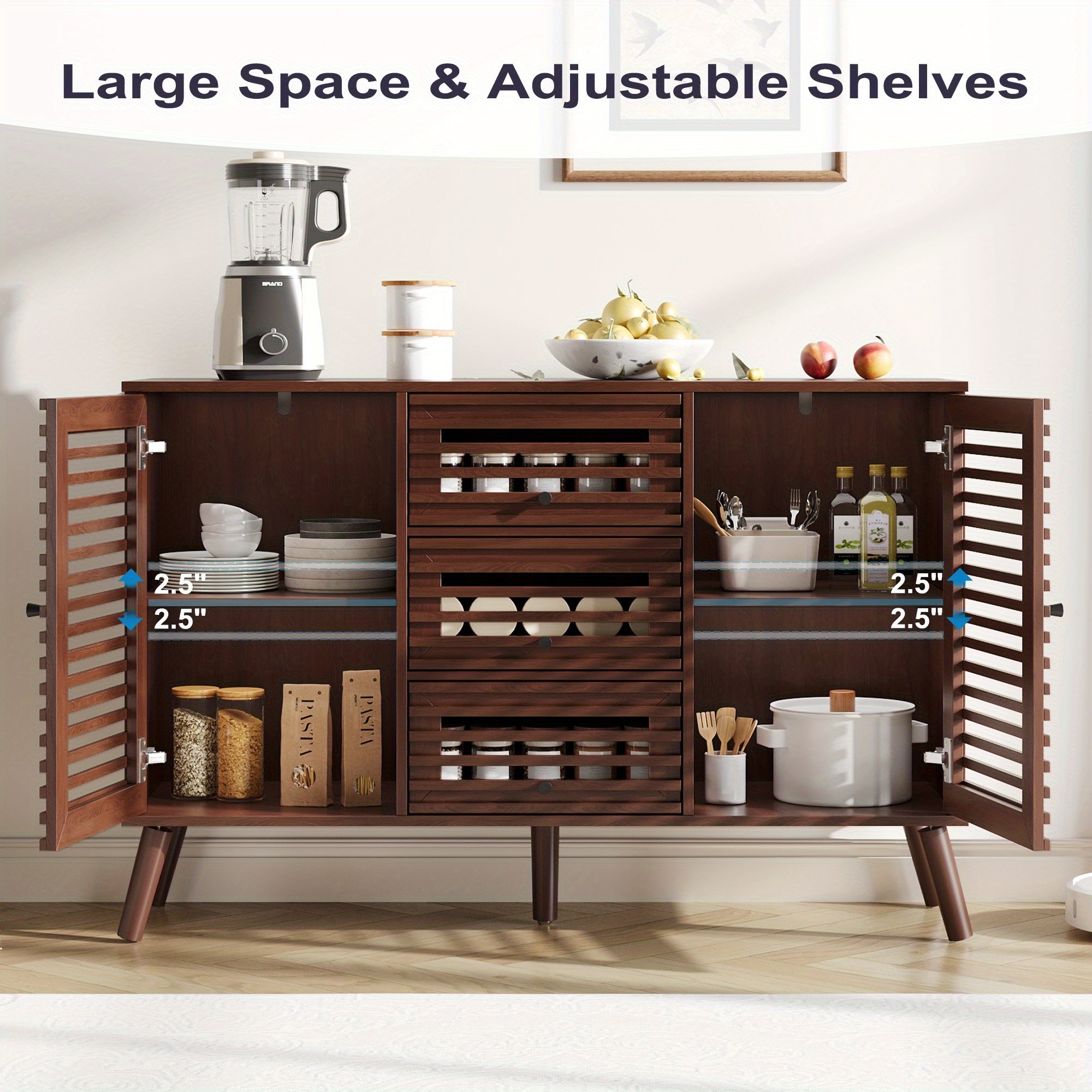 A Sideboard Buffet Featuring Slatted Doors, Measuring 47 Inches Wide, Designed in a Modern Mid-Century Style, Perfect for Storage in The Living Room, Entryway, Or Kitchen, Available in Oak And Walnut Finishes
