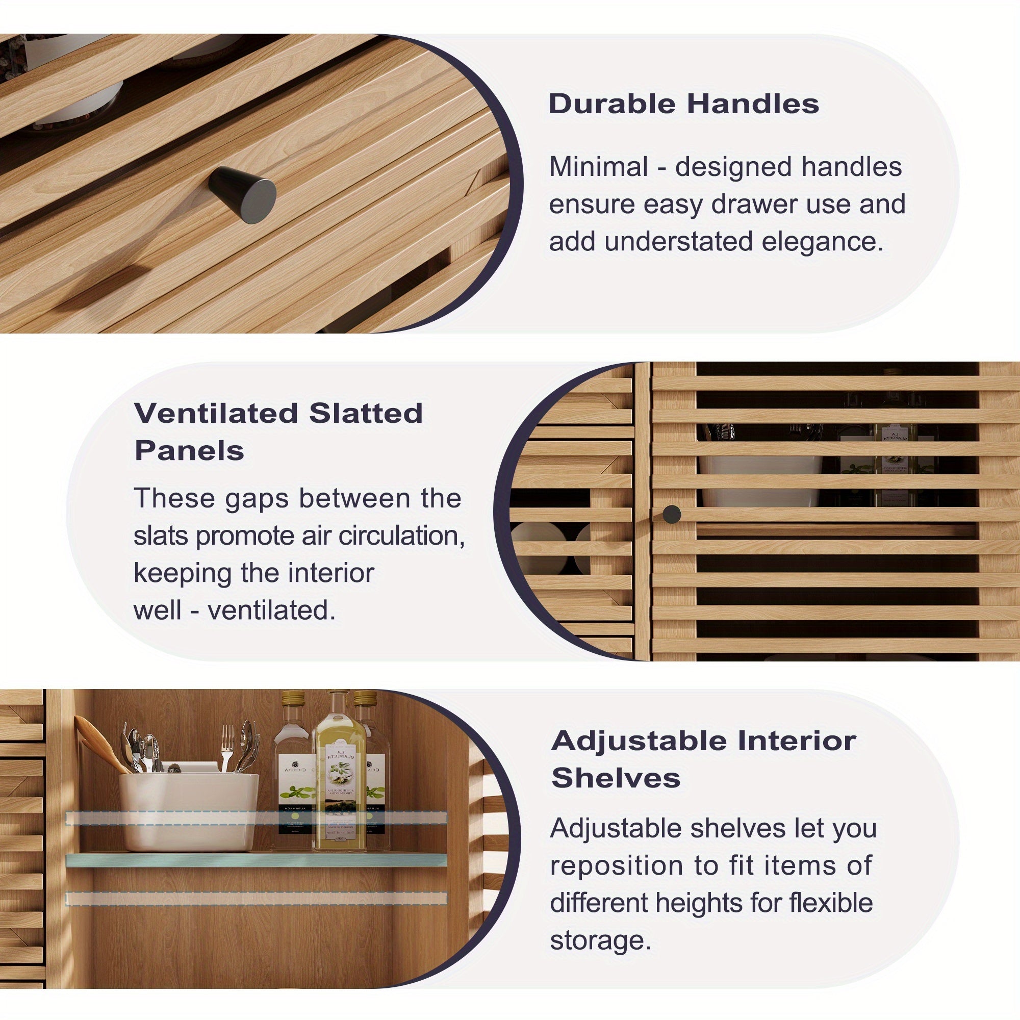 A Sideboard Buffet Featuring Slatted Doors, Measuring 47 Inches Wide, Designed in a Modern Mid-Century Style, Perfect for Storage in The Living Room, Entryway, Or Kitchen, Available in Oak And Walnut Finishes