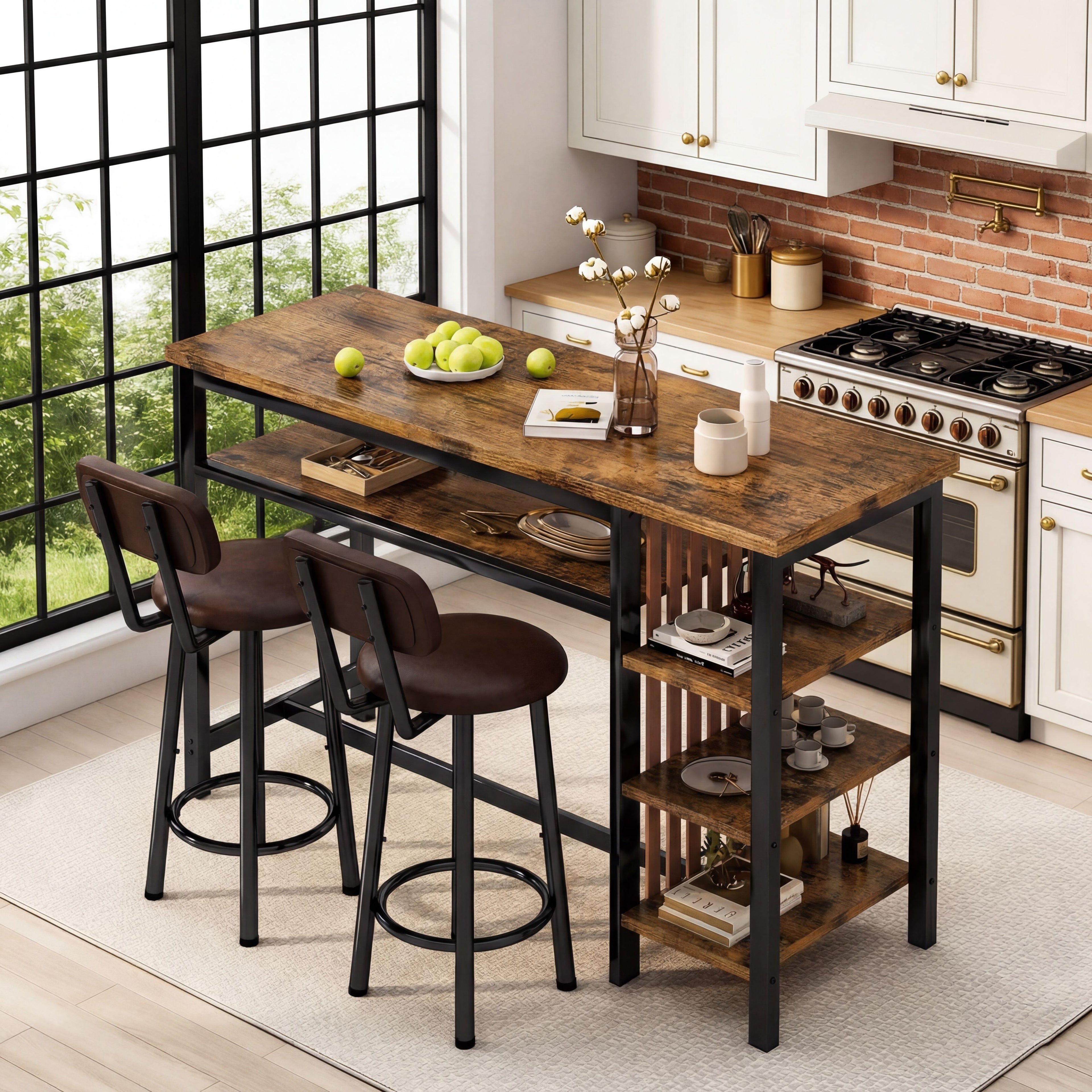 LTTROMAT Dining Bar Table set for 2, 3-Piece Kitchen Table Set with Storage Shelves, Faux Marble Table with MDF Broad & Metal Frame, Easy Clean, Space-Saving Bar Table set for Dining Room, Kitchen, 47.24\