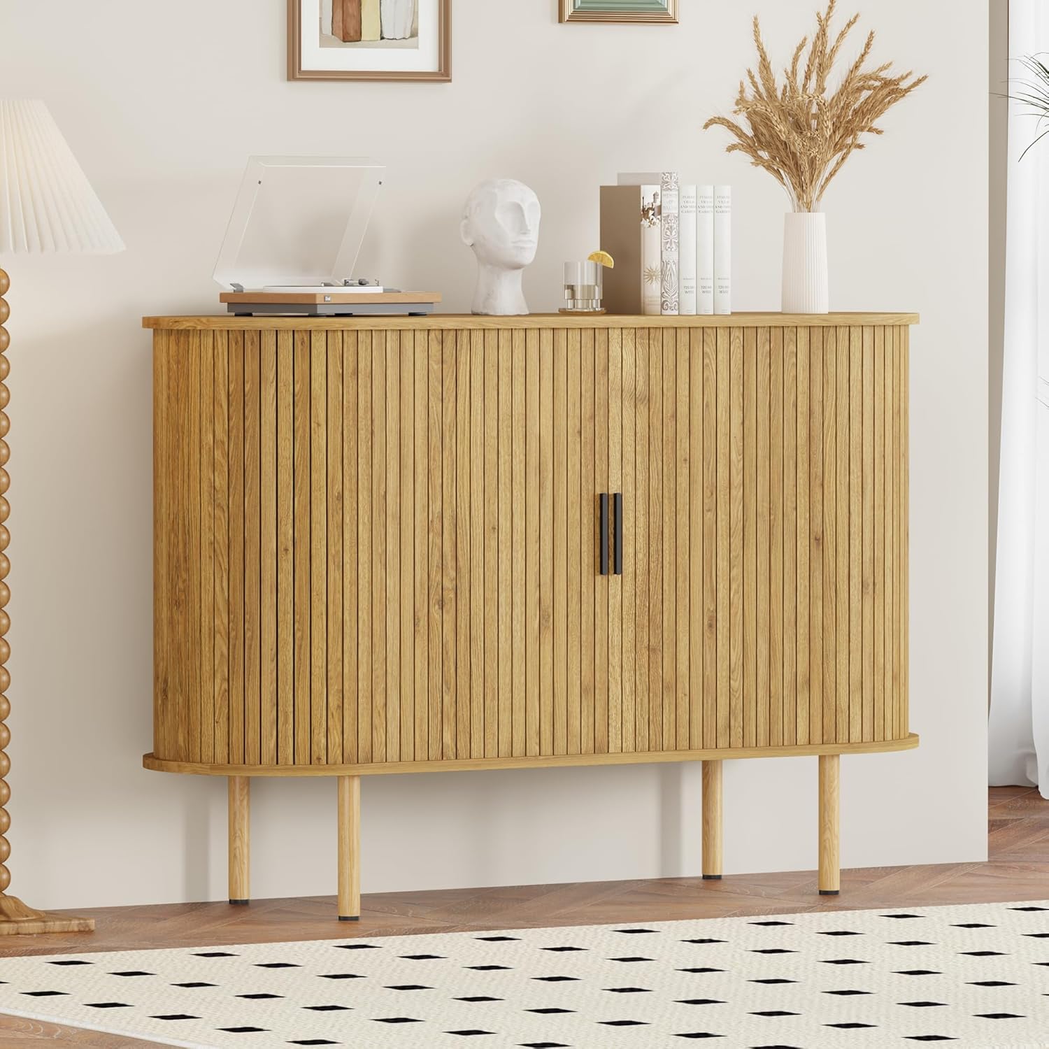 47-Inch Mid Century Modern Accent Cabinet, Small Storage Cabinets with Sliding Door for Kitchen, Living Room, And Entryway